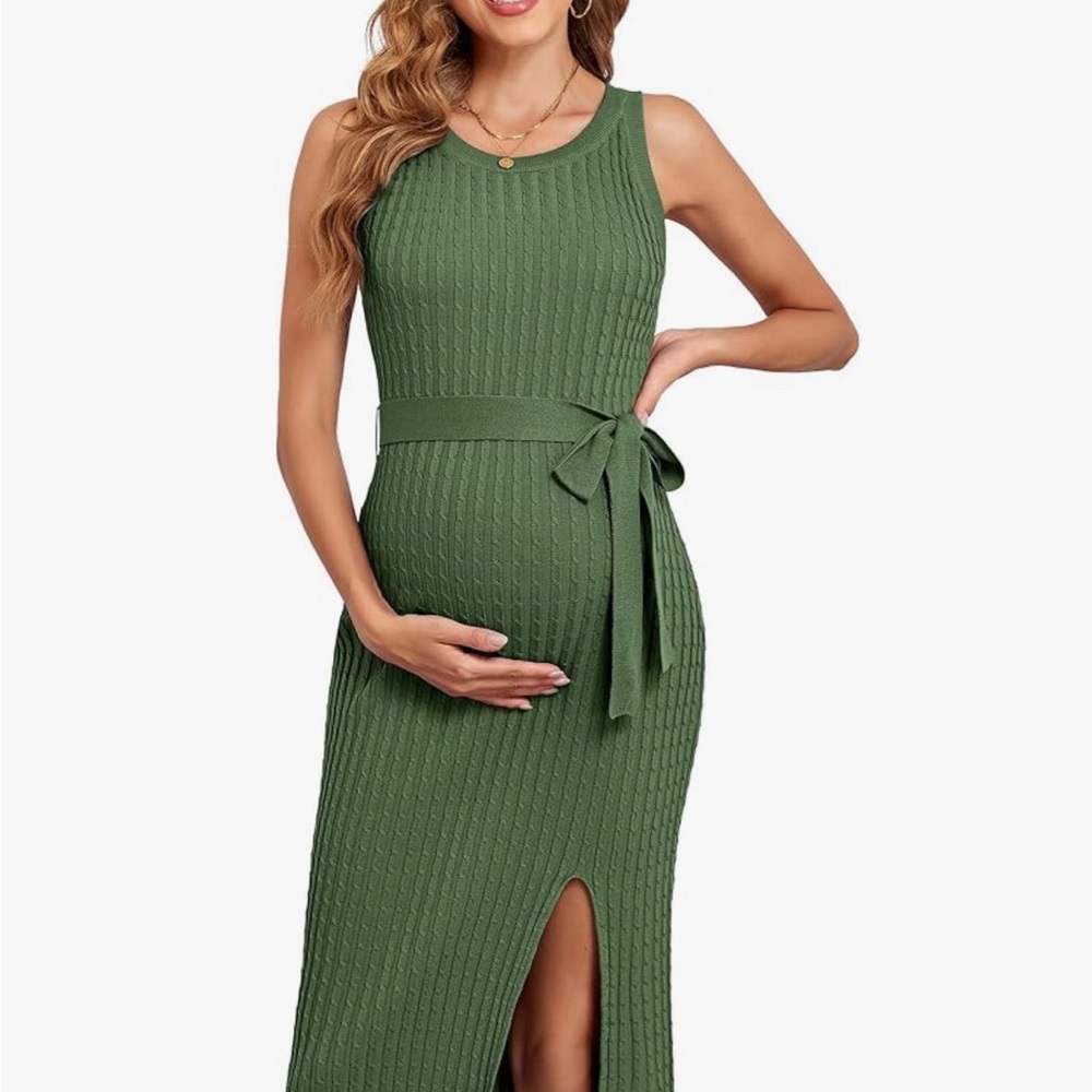 Green Ribbed Maternity Dress - Picture 2 of 5
